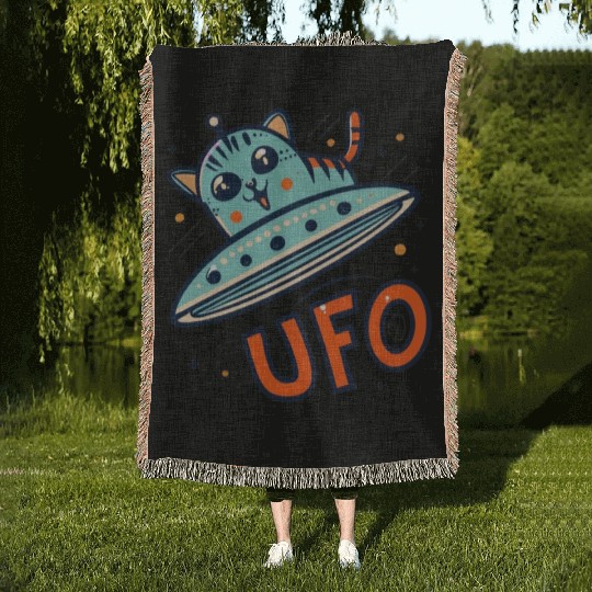 Robot Cat UFO Woven Blankets