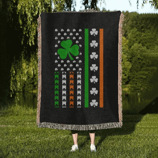 Irish American Flag Ireland Lucky Clover Shamrocks Woven Blankets