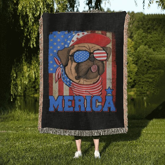 Funny Merica Retro Flag Us American Bulldog Woven Blankets