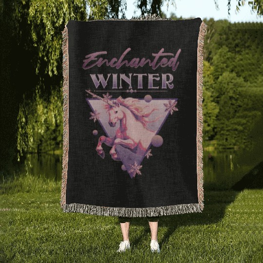 Enchanted Winter 80s Retro Lilac Unicorn Woven Blankets