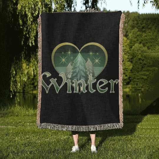 Winter Heart Evergreen Retro Sunset Woven Blankets