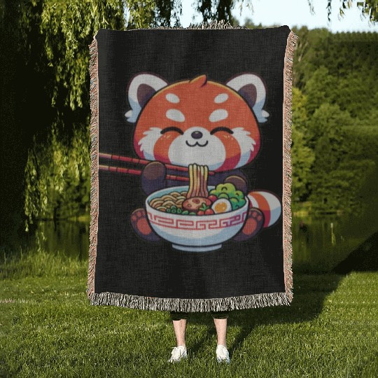 Cute Red Panda Eats Ramen Noodles Red Panda Woven Blankets