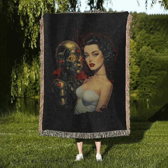 Pinup Girl Vintage Robot Robotics Woven Blankets