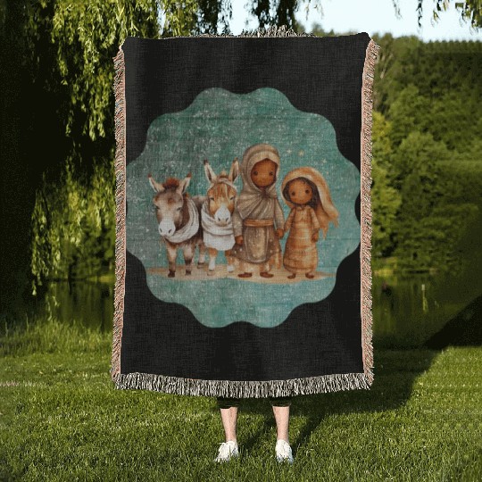 Christmas Nativity Scene Shepherds and Sheep Woven Blankets