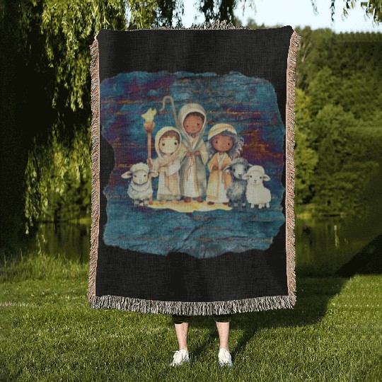 Christmas Nativity Scene Shepherds and Sheep Woven Blankets