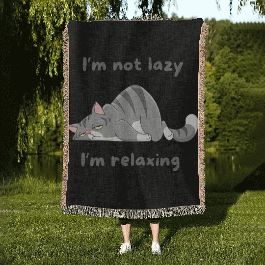 Gray Cat Cartoon I'm Not Lazy (Grey Letters) Woven Blankets