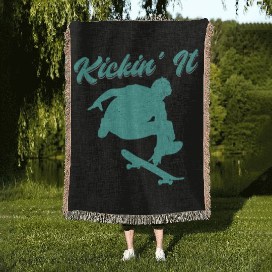 Kickin' it Old School Skateboarding Skater Skatebo Woven Blankets