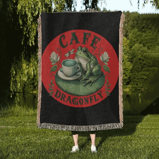 Cafe Dragonfly: Whimsical Serene Frog on Lily Pad Woven Blankets