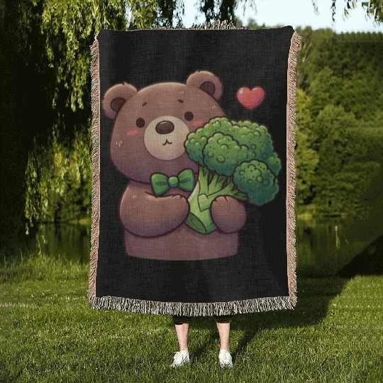 Bear in love hugs huge broccoli Woven Blankets