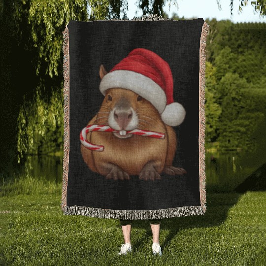 Festive capybara with candy cane Woven Blankets