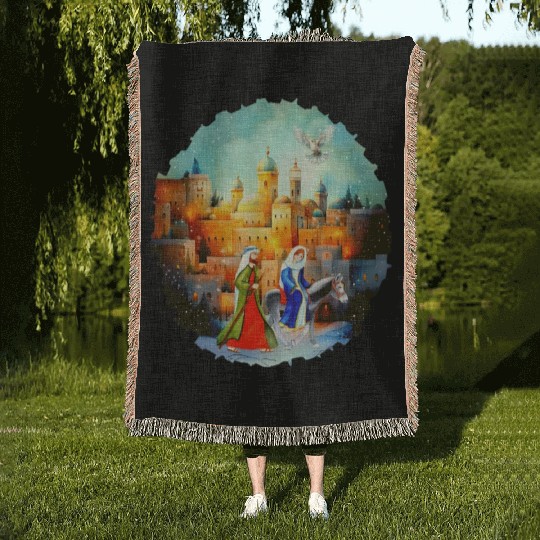 Mary and Joseph in Bethlehem with donkey Woven Blankets