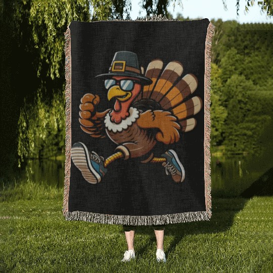 Running Turkey- Turkey Trot Running Thanksgiving Woven Blankets