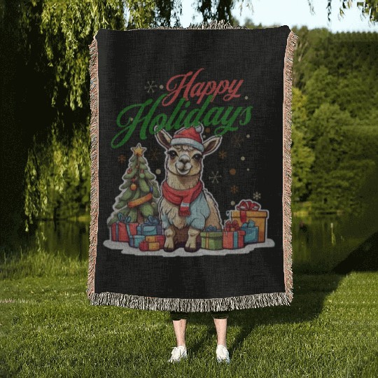 Happy Holidays cute llama Woven Blankets