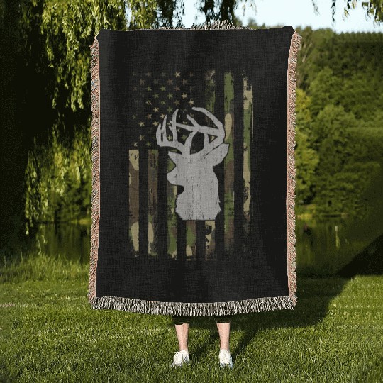 Buck Deer Hunting Camouflage Flag Hunter Woven Blankets