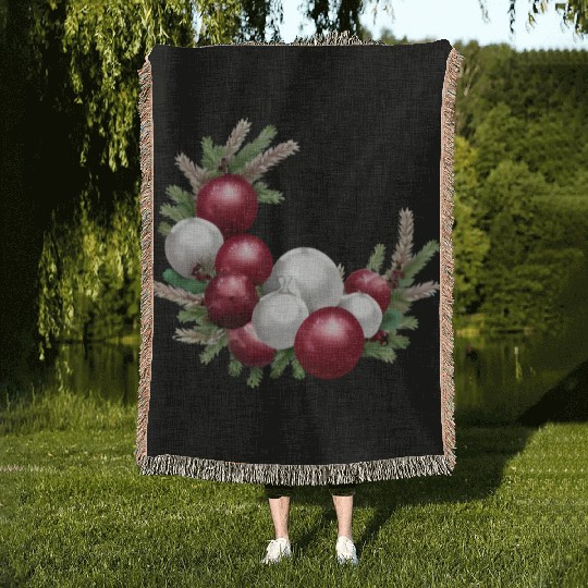 Cranberry and White Christmas Greenery Decor Woven Blankets