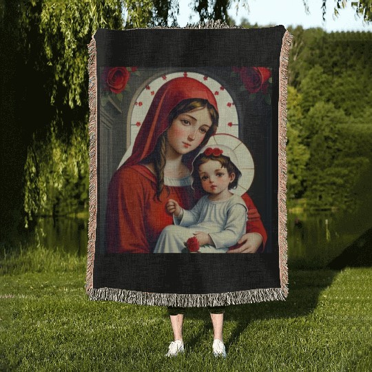 Mother Mary and Baby Jesus with Roses Woven Blankets