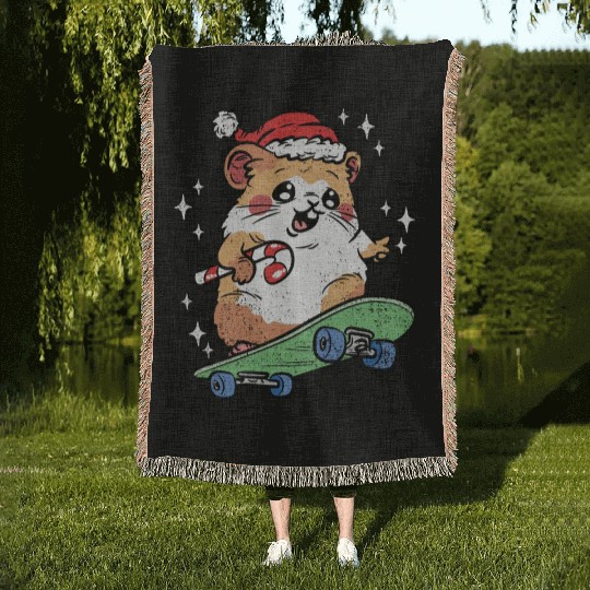 CUTE HAMSTER RIDING SKATEBOARD Woven Blankets