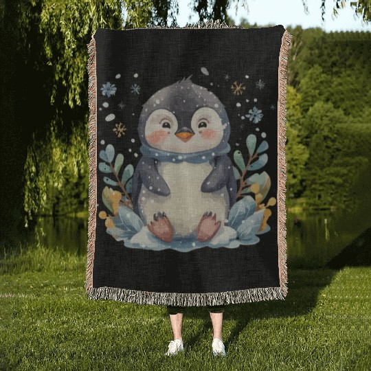A cute penguin animal cartoon Woven Blankets