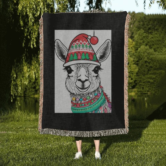 Cute Llama with Christmas Hat Woven Blankets