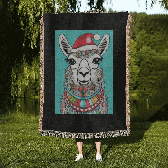 Cute llama with Christmas Hat D83C DF85 Woven Blankets