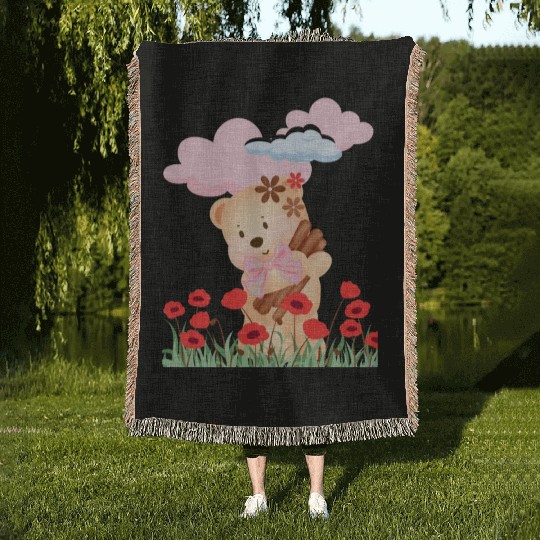 teddy bear and flowers Woven Blankets
