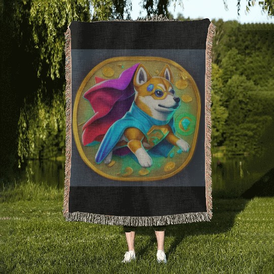 cool colorful cartoon hero coin crypto doge Woven Blankets