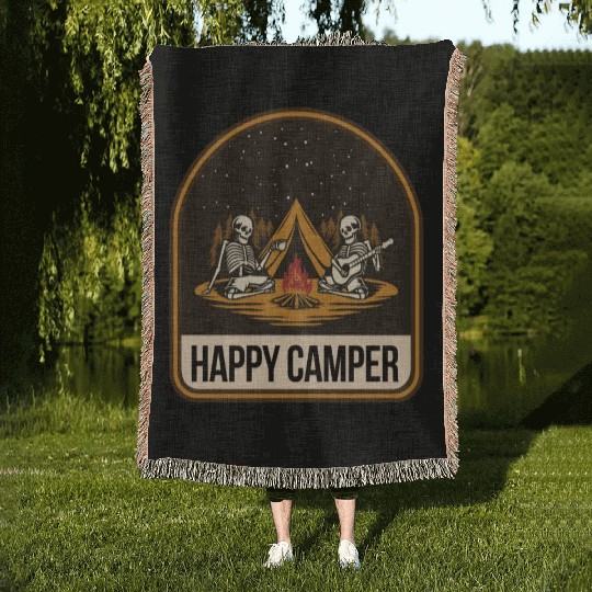 Happy Camper Skeleton Campfire Tent Woven Blankets