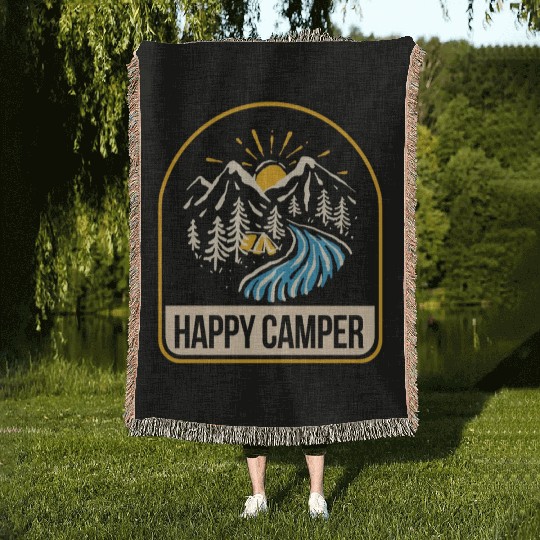 Happy Camper Camping Campfire Tent Woven Blankets