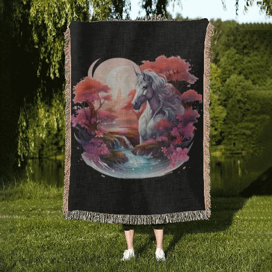 Joyful unicorn scene with a smiling unicorn Woven Blankets
