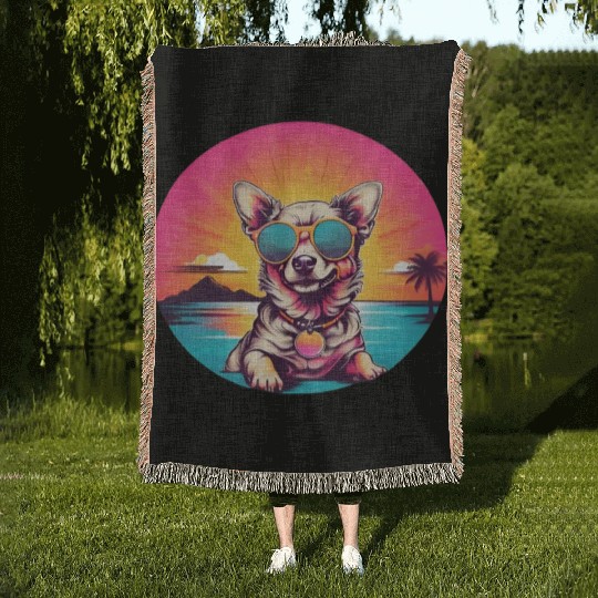 Retro dog wearing sunglasses - Neon sunset Woven Blankets