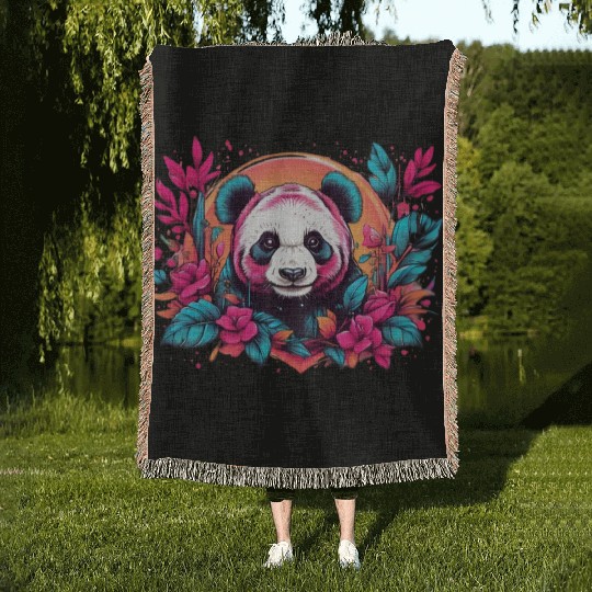Retro panda with neon nature floral vintage sunset Woven Blankets