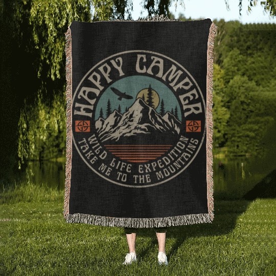 HAPPY CAMPER VINTAGE MOUNTAINS Woven Blankets