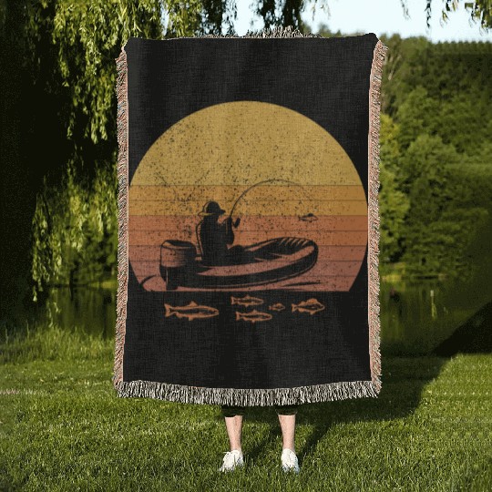 Lake Fishing Vintage Retro Sunset Gift for Woven Blankets