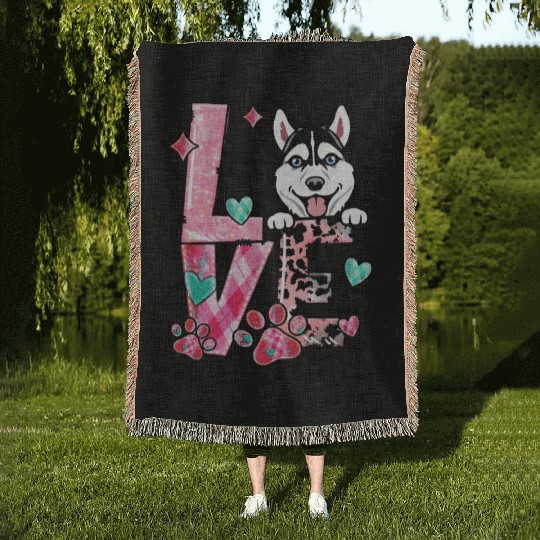 Husky Dog I Love My Dog Fur Baby Valentines Day Woven Blankets