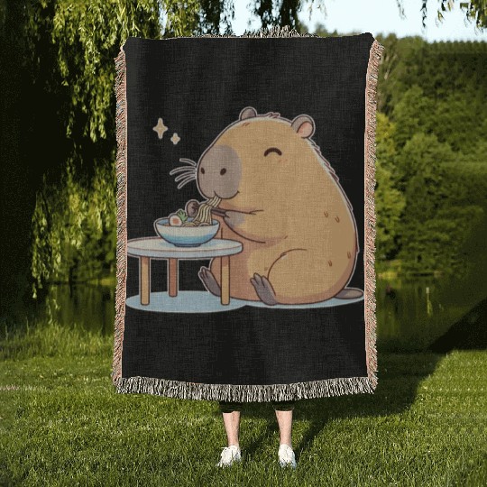 Cute Capybara Eats Ramen Noodles Capybara Ramen Woven Blankets