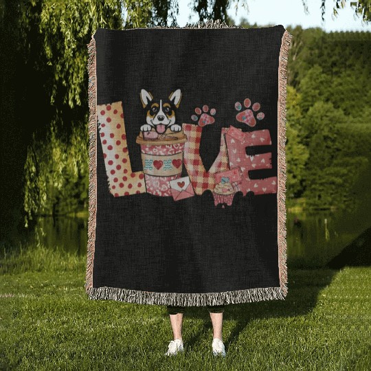 Corgi Dog Coffee Lover Dog Mom Valentines Day Woven Blankets