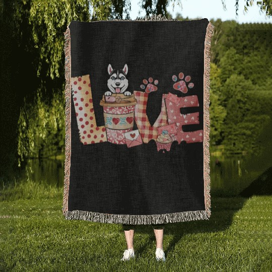 Husky Dog Coffee Lover Dog Mom Valentines Day Woven Blankets