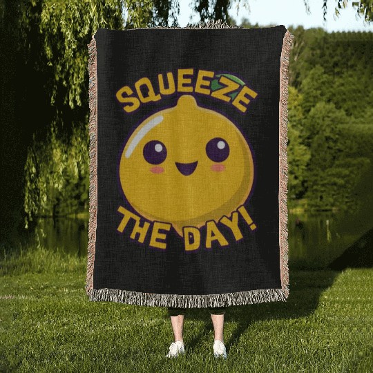 Squeeze The Day! Cute Lemon Cartoon! Woven Blankets