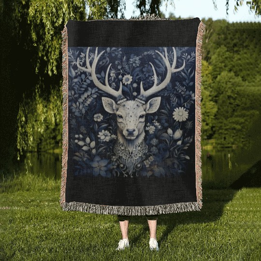 Enchanted Forest Deer Winter Bloom Woven Blankets