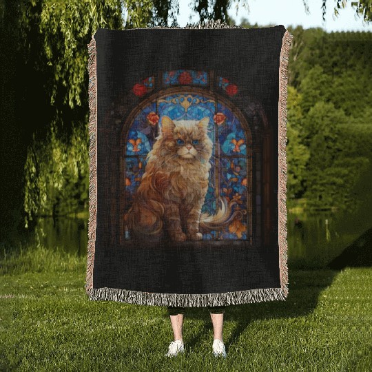 Persian cat in stained glass Woven Blankets