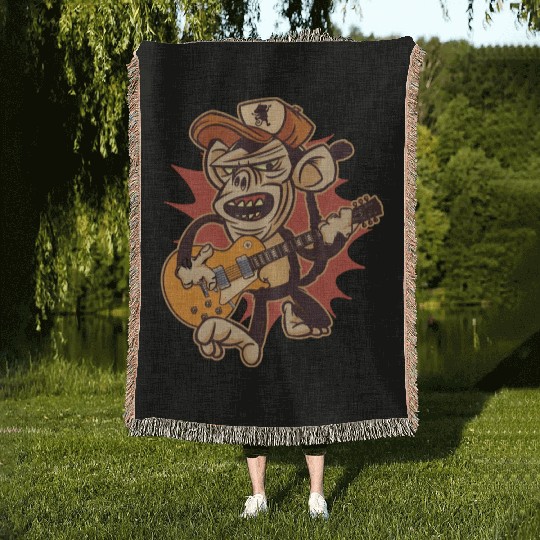 Retro Chimpanzee Guitar Player Graphic Woven Blankets