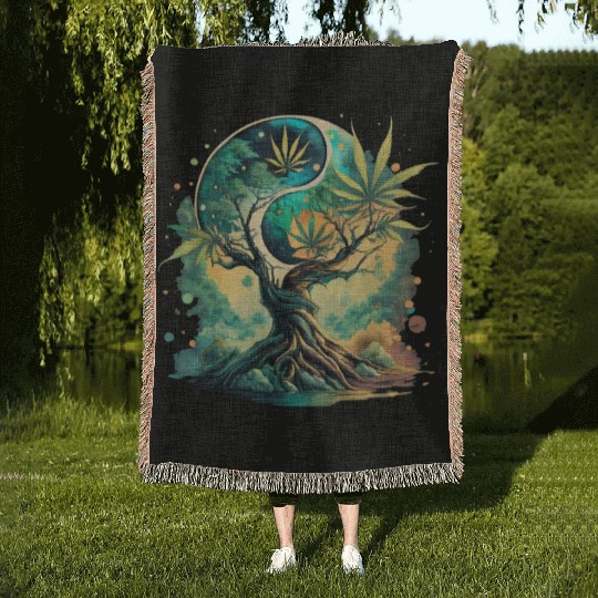 Tree Of Life Yin Yang Water Color Woven Blankets
