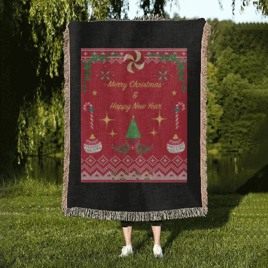 Christmas tree ugly christmas sweater Woven Blankets