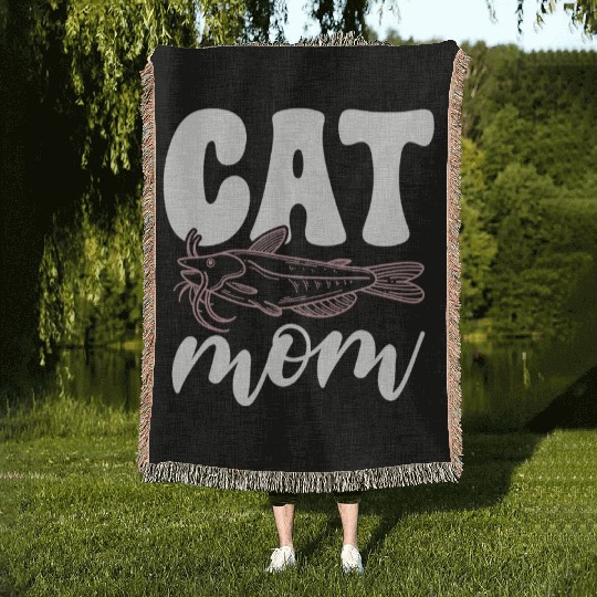 Cat Mom Catfish Catfishing Angler Noodler Woven Blankets