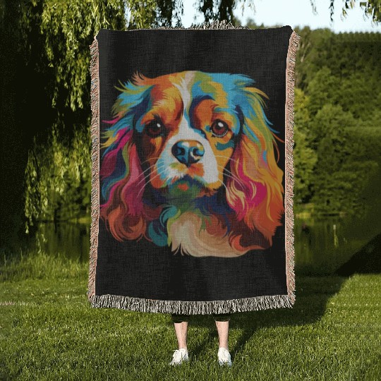 Watercolor Colorful Cavalier King Charles Spaniel Woven Blankets