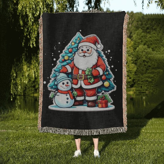 Santa Claus with Snowman and Decorated. Woven Blankets