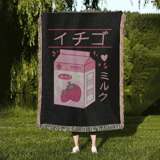 Japanese Strawberry Milk Drink Kawaii Kanji Vaporw Woven Blankets