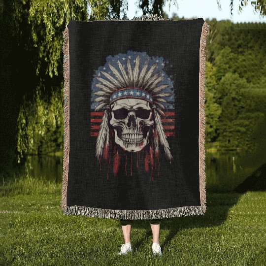 Skull Indian Chief Native American USA Woven Blankets