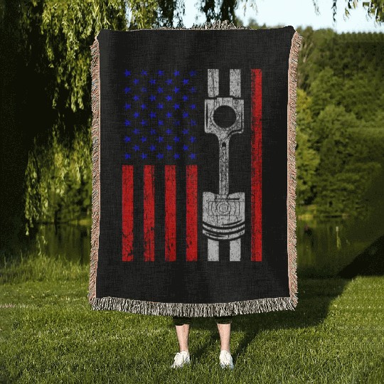 American Flag Piston Muscle Car Patriotic Vintage Woven Blankets