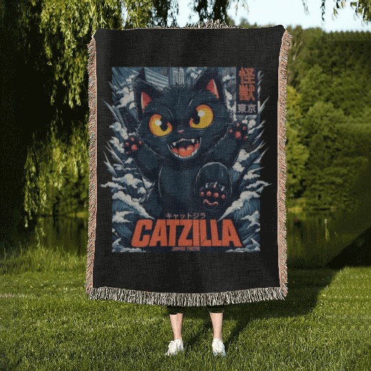 Kaiju Catzilla in Japan Tokyo Woven Blankets